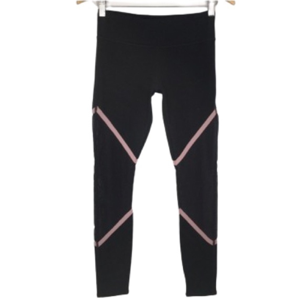 Fabletics Leggings Black Full Length Mesh Panel Women’s XS Dusty Pink Stripe